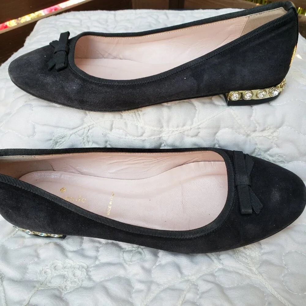 EUC KATE SPADE midnight black suede flats with jeweled gold heels (7.5)